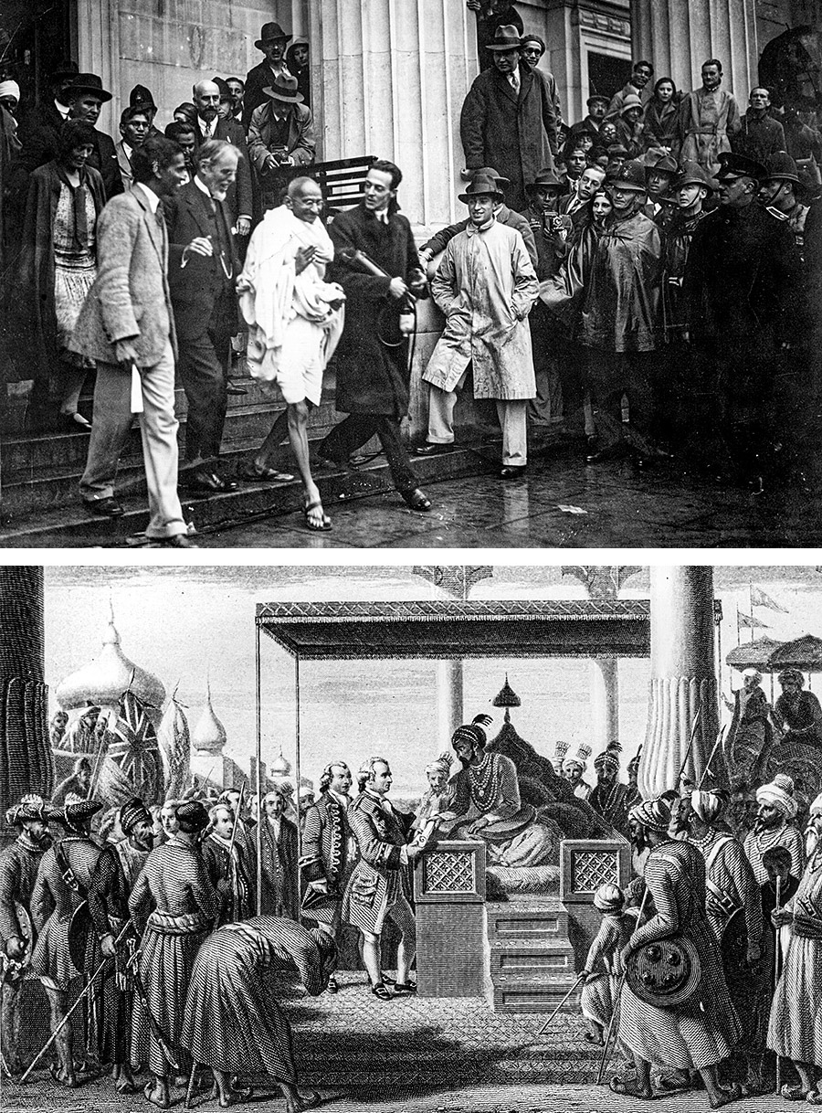 (Above) Indian Congress Leader Mahatma Gandhi leaves the Friends’ Meeting House in London after attending the Round Table Conference on Indian constitutional reform in 1931. (Below)
The defeated Mughal Emperor Shah Alam hands over ‘diwani’ to Governor Robert Clive, thus transferring the tax collecting rights in Bengal, Bihar and Orissa to the East India Company in 1758. Image: Douglas Miller/Getty Images; Hulton Archive/Getty Images