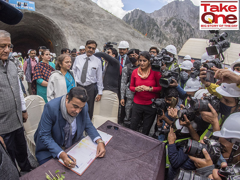 India's Union Minister of Road Transport and Highways Nitin Gadkari, signs a register while inspecting the under construction Zojila tunnel which will connect Kashmir with Ladakh, on September 28, 2021 in Baltal 100 km east of Srinagar, Indian administered Kashmir, India. Image:  Yawar Nazir/Getty Images 