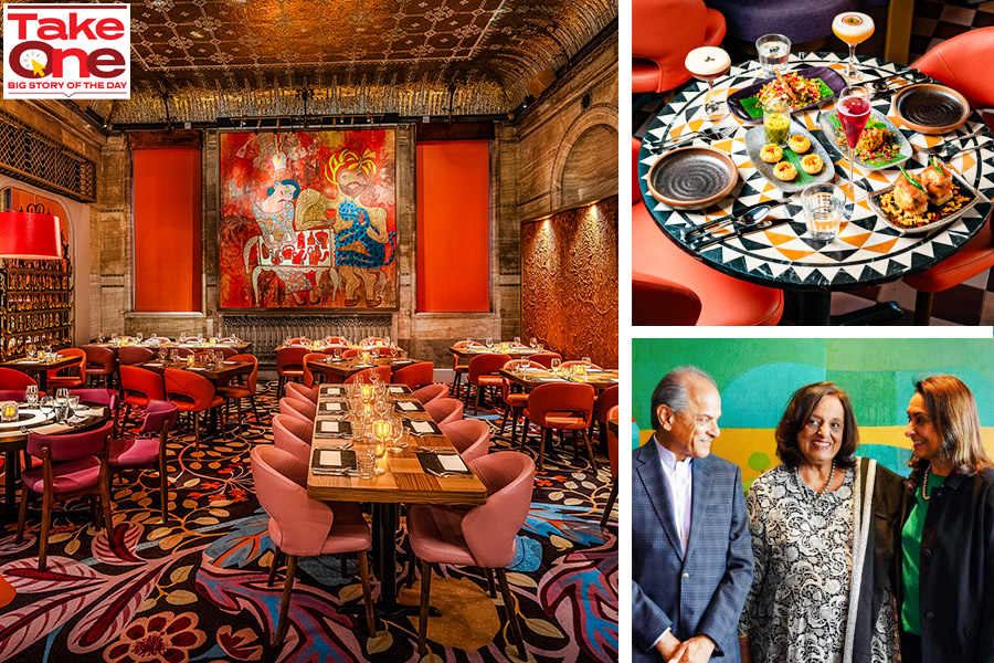 (from left)A view of the sprawling new Masala Zone, central London’s hottest restaurant launch this summer; a table with street snacks and home style gravies; Ranjit Mathrani, Camellia Panjabi and Namita Panjabi