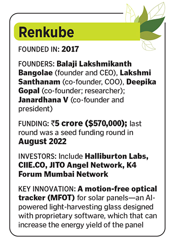 (L to R) Lakshmi Santhanam, Balaji Lakshmikanth Bangolae and Deepika Gopal, Co-founders of RenKube  at a solar field in Karnataka.
Image: Selvaprakash Lakshmanan for Forbes India