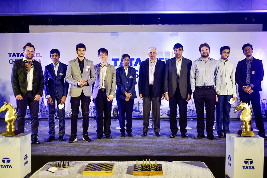 A file photo of the inaugural ceremony of Tata Steel India Rapid and Blitz Chess competition in Kolkata, India in late 2021, showing V Anand, Vidit Gujrathi, R.Praggnanandhaa and Arjun Erigaisi among others. Image: Indranil Aditya/NurPhoto via Getty Images