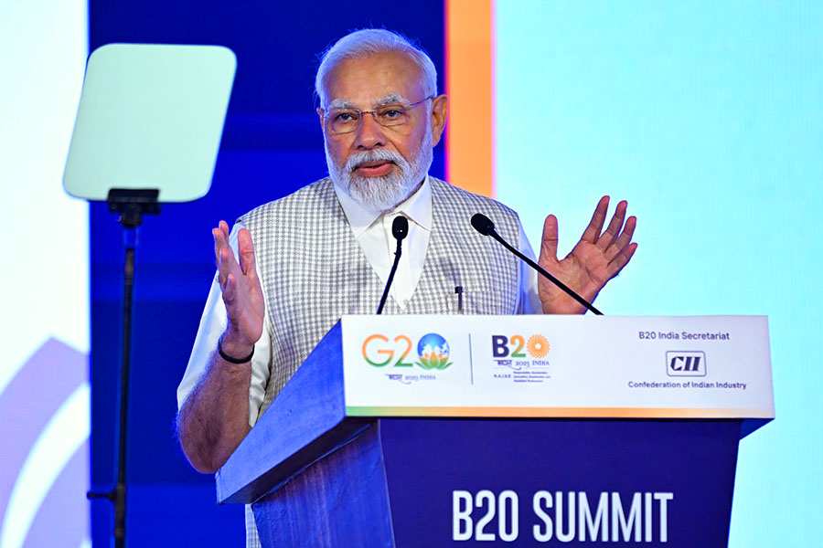 India's Prime Minister Narendra Modi speaks during the third day of the three-day B20 Summit in New Delhi on August 27, 2023; Image: Sajjad Hussain/ AFP