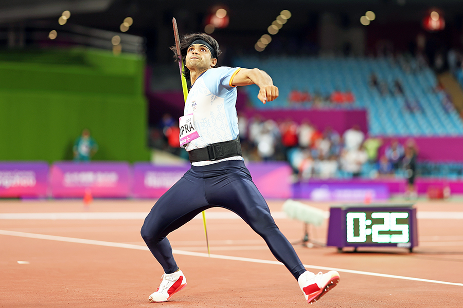 (File) Neeraj Chopra celebrates after winning the men's javelin at the World Athletics Championship in Budapest. Chopra is the first Indian to win the event Image: Kirill Kudryavtsev / AFP 