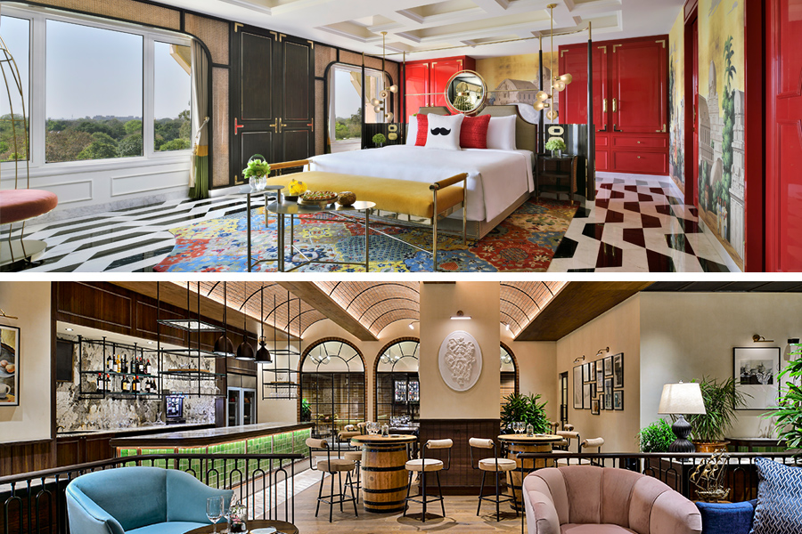 Master bedroom of The Maharaja Suite (above) and Captain's Cellar, the wine bar at the newly refurbished Taj Mahal hotel on Mansingh Road in New Delhi.