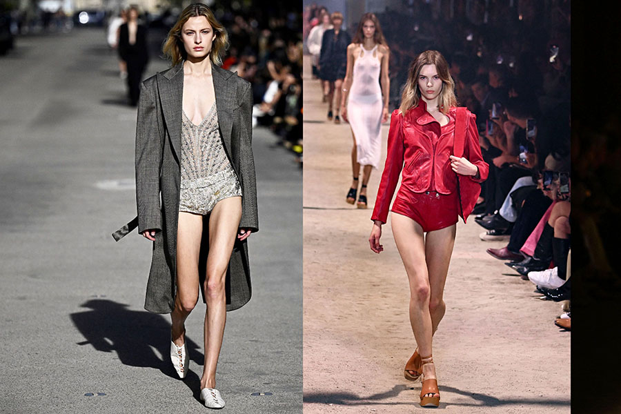 Whether you call them micro shorts or hot pants, these barely-there garments are an iconic fashion item of 2023, having graced the catwalks of the biggest fashion houses including Stella McCartney, Isabel Marant and Tom Ford. 
Image: Julien De Rosa / Miguel Medina / Gabriel Bouys / AFP