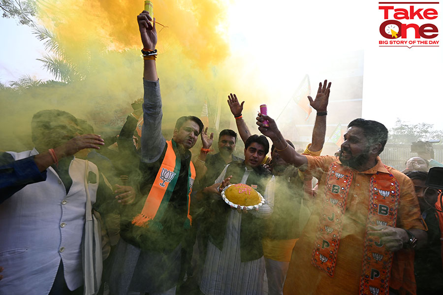 Bhartiya Janta Party (BJP) workers and supporters celebrate the victory of Madhya Pradesh, Rajasthan, Chhattisgarh assembly state elections outside BJP headquarter, on December 3, 2023 in New Delhi, India. 
Image: Salman Ali/Hindustan Times via Getty Images 
