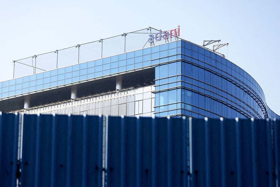 A logo of the Adani Group is seen on a commercial complex in Mumbai, India, on February 7, 2023. Image: REUTERS/Francis Mascarenhas/File Photo