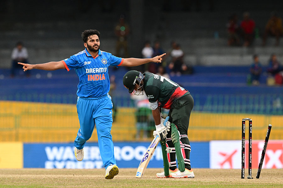 India's Shardul Thakur celebrates after taking the wicket of Bangladesh's captain Shakib Al Hasan (R) during the Asia Cup 2023 Super Four one-day international (ODI) cricket match between India and Bangladesh at the R. Premadasa Stadium in Colombo on September 15, 2023. Image: Ishara S. Kodikara/AFP