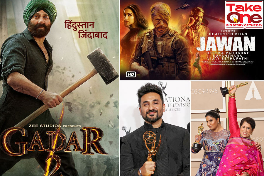 (Clockwise)Shah Rukh Khan’s Jawan in September, said to have collected Rs 1,145 at the global box office; The Elephant Whisperers won the Best Documentary Short at the 95th Academy Awards; stand-up comedian Vir Das won an Emmy for his Netflix special Vir Das: Landing and and Sunny Deol’s Gadar 2 earned Rs 691 crore.