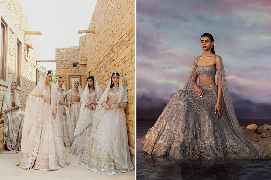 Unconventional silhouettes and a palette refresh are some of this season's Indian bridal fashion and jewellery trends. Image credit: Arpita Mehta (L) Rohit Gandhi + Rahul Khanna (R)