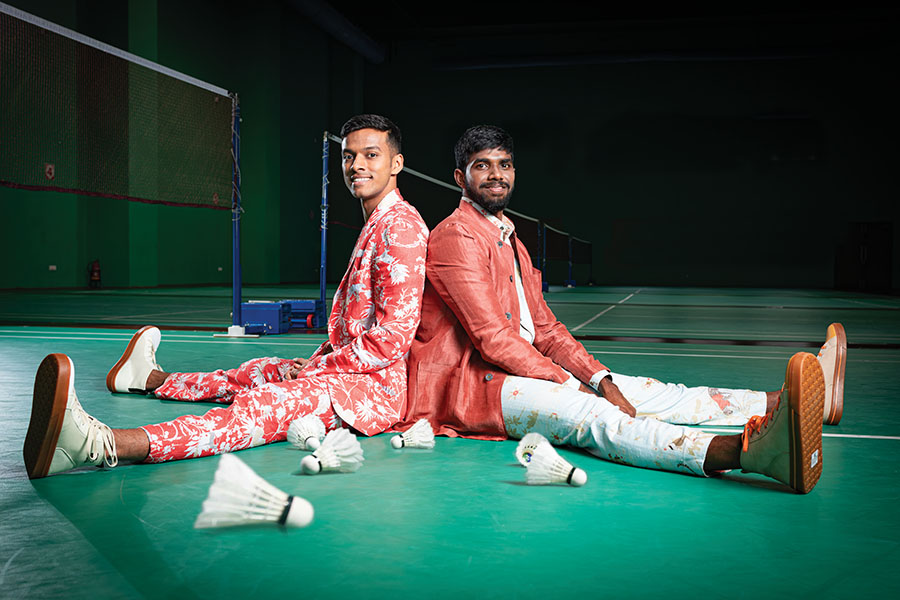 Chirag Shetty (left)  and Satwiksairaj Rankireddy at the Pullela Gopichand Badminton Academy in Hyderabad. Photography: Vikas Chandra Pureti for Forbes India; Styling: Rekha Boggarrapu & Team Niharika Varma; Makeup: Sahara