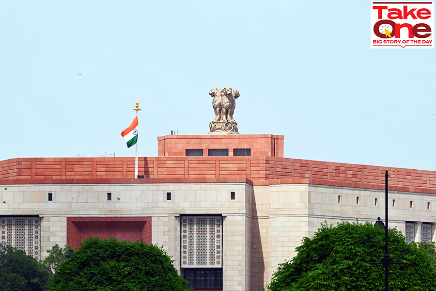 (File photo) The new Parliament building on the eve of a special session on September 17, 2023, in New Delhi, India.Image: Sanjeev Verma/Hindustan Times via Getty Images