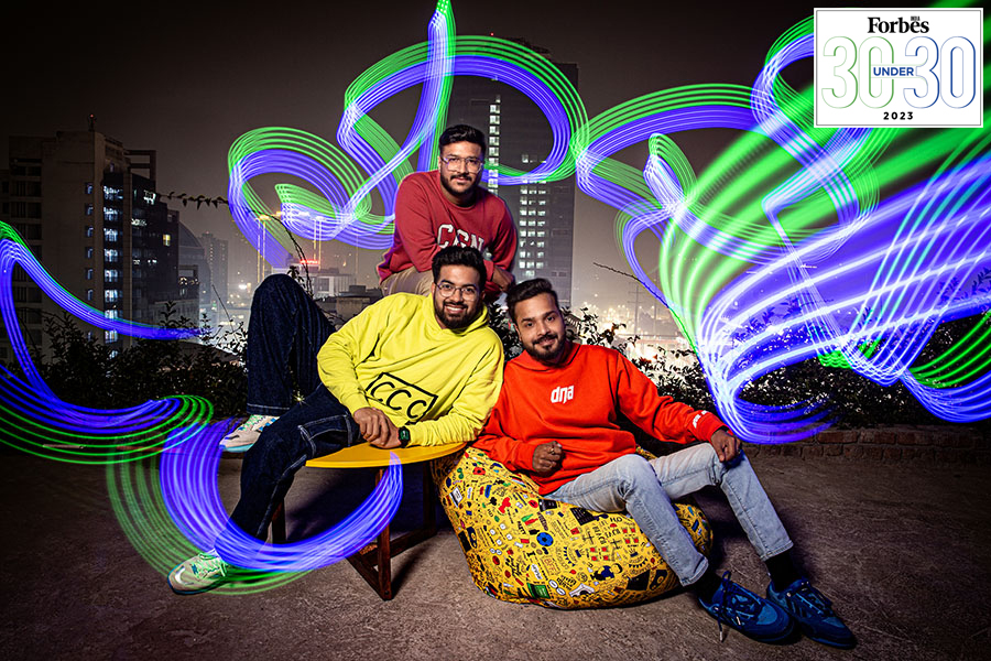 (Clockwise from top) Atulya Kaushik, Manish Agarwal and Aashay Mishra’s PrepInsta has about 2.25 lakh paid active subscribers in the B2C model Image: Madhu Kapparath; light painting: Kapil Kashyap