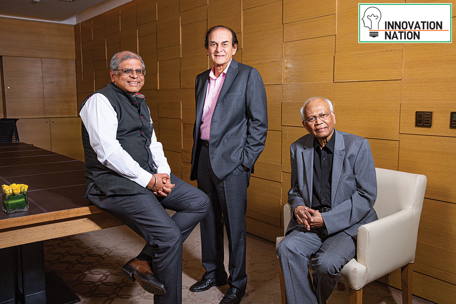 (From left) Amit Chandra, honorary chairperson, governing council, Harsh Mariwala, founder, and Dr Raghunath Mashelkar, governing council member and chairperson emeritus of Marico Innovation Foundation, which is working with 15 startups to help them create scale and impact
Image: Madhu Kapparath