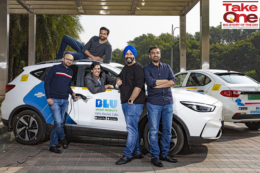 BluSmart team (from left): Anirudh Arun, Chief Operations Officer; Punit Goyal, Co-Founder; Tushar Garg, Chief Business Officer; Anmol Singh Jaggi, CEO and Co-Founder; Rishabh Sood, Chief Technology Officer. BluSmart is India's first all electric cab service where the company leases, owns and operates EVs.
Image: Madhu Kapparath