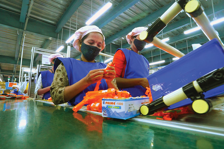 Dolls being assembled at the Hosur, Tamil Nadu, plant of Micro Plastics, one of the largest toy exporters in India. The company has six plants only for toys in and around Bengaluru with about 1.2 million square feet of manufacturing space
Image: Courtesy Micro Plastics