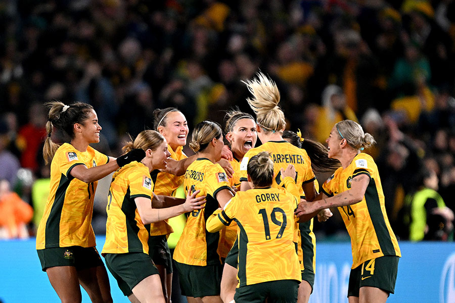Steph Catley of Australia celebrates with team mates after scoring a goal during the FIFA Women's World Cup Australia & New Zealand 2023 Group B match between Australia and Ireland at Stadium Australia on July 20, 2023 in Sydney, Australia; Photo by Bradley Kanaris/Getty Images