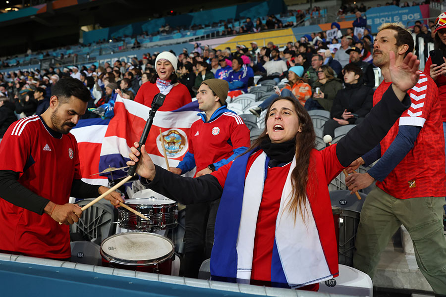 Costa Rica fans show their support during the FIFA Women's World Cup Australia & New Zealand 2023 Group C match between Japan and Costa Rica at Dunedin Stadium on July 26, 2023 in Dunedin / Ōtepoti, New Zealand; Photo by Matthew Lewis - FIFA/FIFA via Getty Images