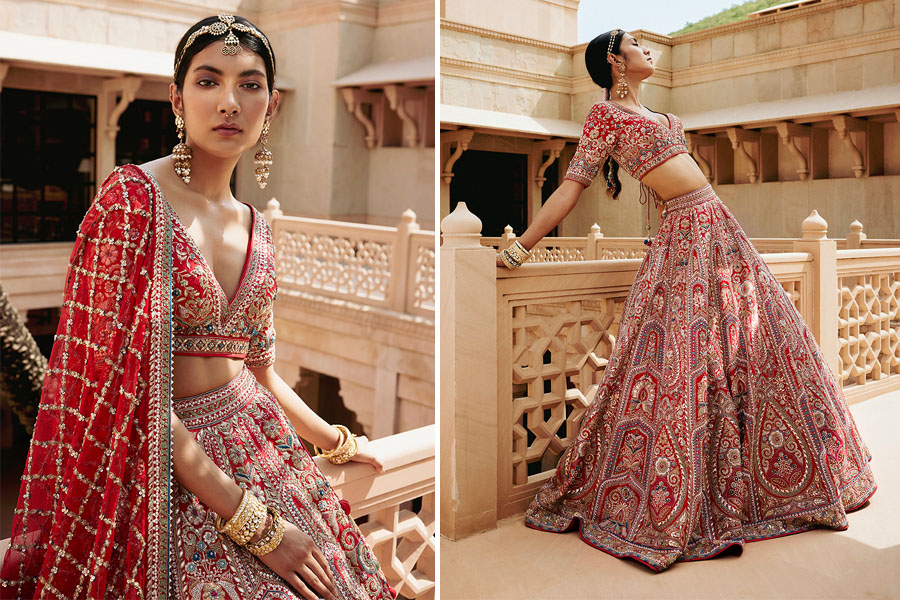 The Amreen lehenga from the 'There She Glows' collection embodies the spirit of heritage craftsmanship in gota patti, and zardosi embroidery in a contemporary way. Image credit: Anita Dongre