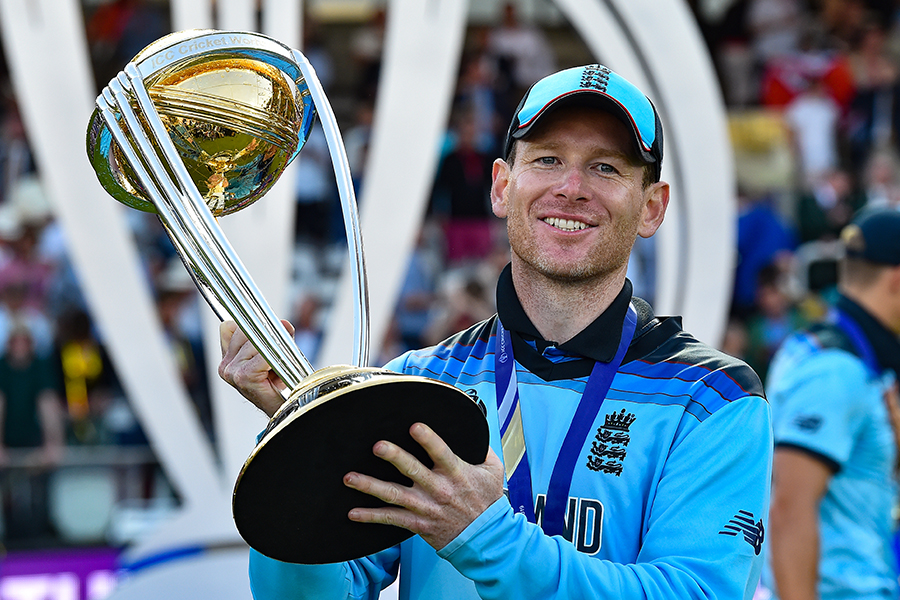 England's captain Eoin Morgan poses with the World Cup trophy as England's players celebrate their win after the 2019 Cricket World Cup final between England and New Zealand at Lord's Cricket Ground in London on July 14, 2019. - England won the World Cup for the first time as they beat New Zealand in a Super Over after a nerve-shredding final ended in a tie at Lord's on Sunday. Image: Glyn Kirk / AFP 