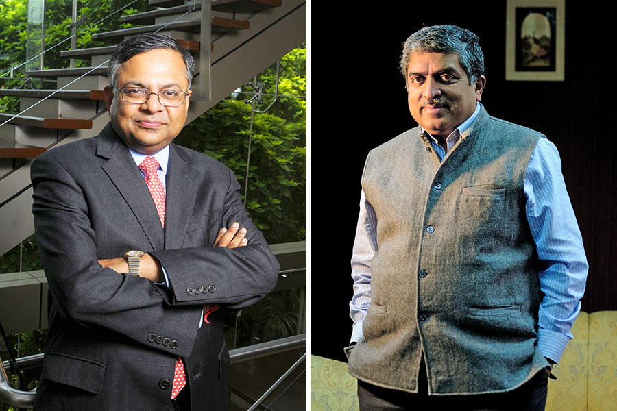 N Chandrasekaran (left), chairman of Tata Sons and Nandan Nilekani, Chairman, Infosys Image: N Chandrasekaran: Abhijit Bhatlekar/Mint via Getty Images; Nilekani: Pradeep Gaur/Mint via Getty Images