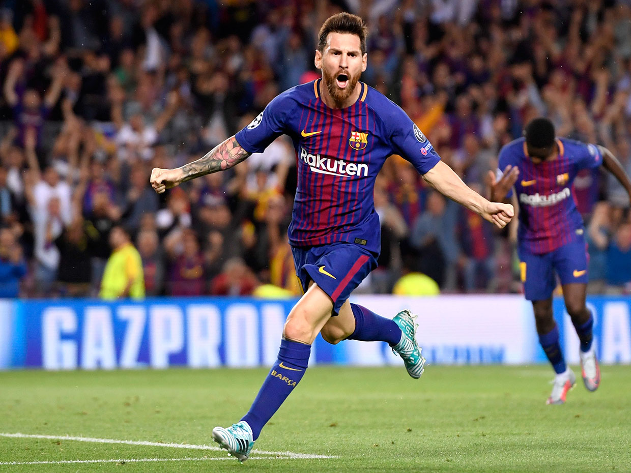 A file photo of Lionel Messi of Barcelona FC celebrates scoring his side's first goal during the UEFA Champions League in 2017 in Barcelona, Spain. Image: Alex Caparros/Getty Images