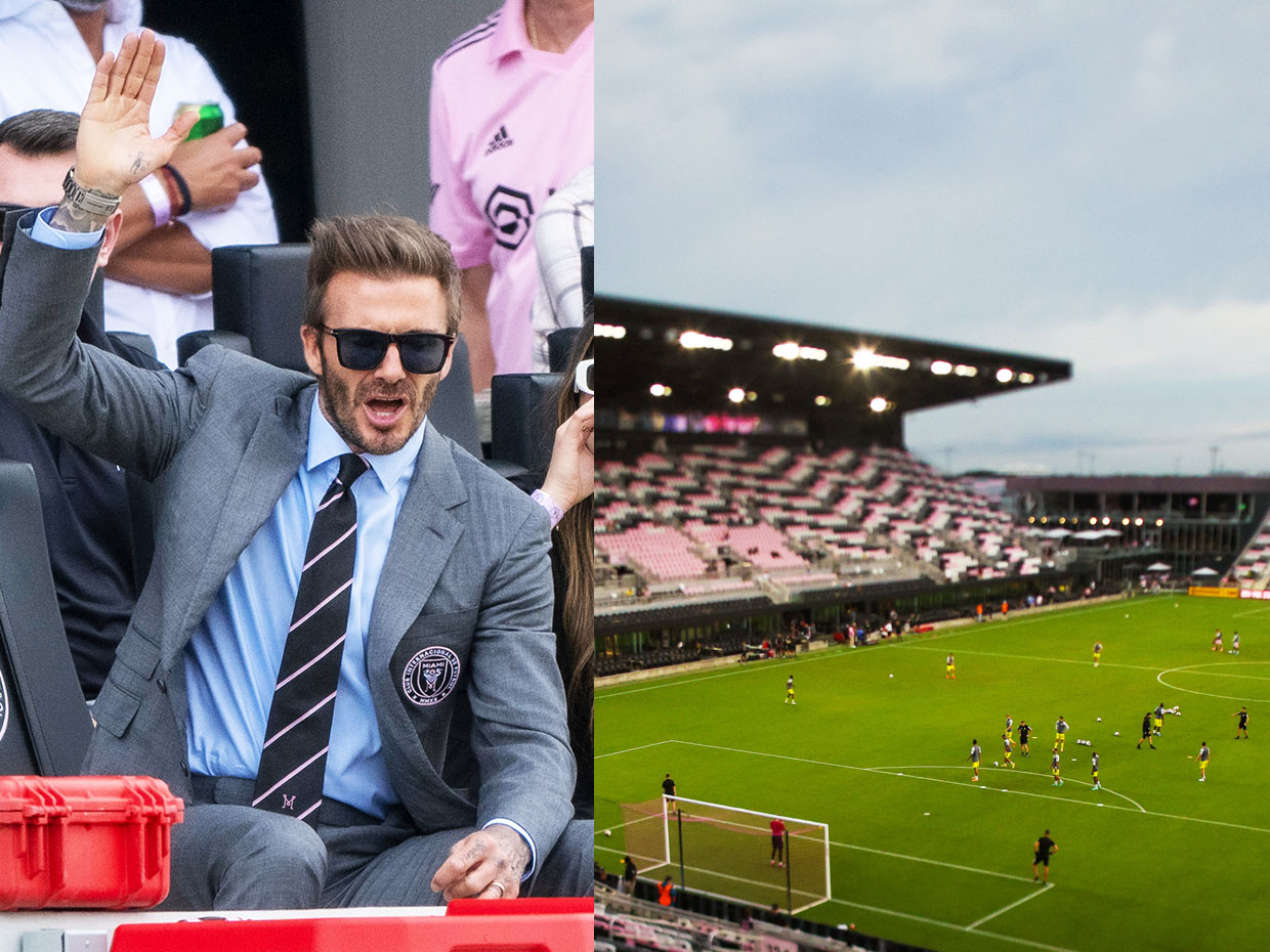 Inter Miami co-owner David Beckham and general view of DRV PNK Stadium, Fort Lauderdale, FL, US. Images: Doug Murray/Icon Sportswire via Getty Images and Nathan Ray Seebeck-USA TODAY SportsImage