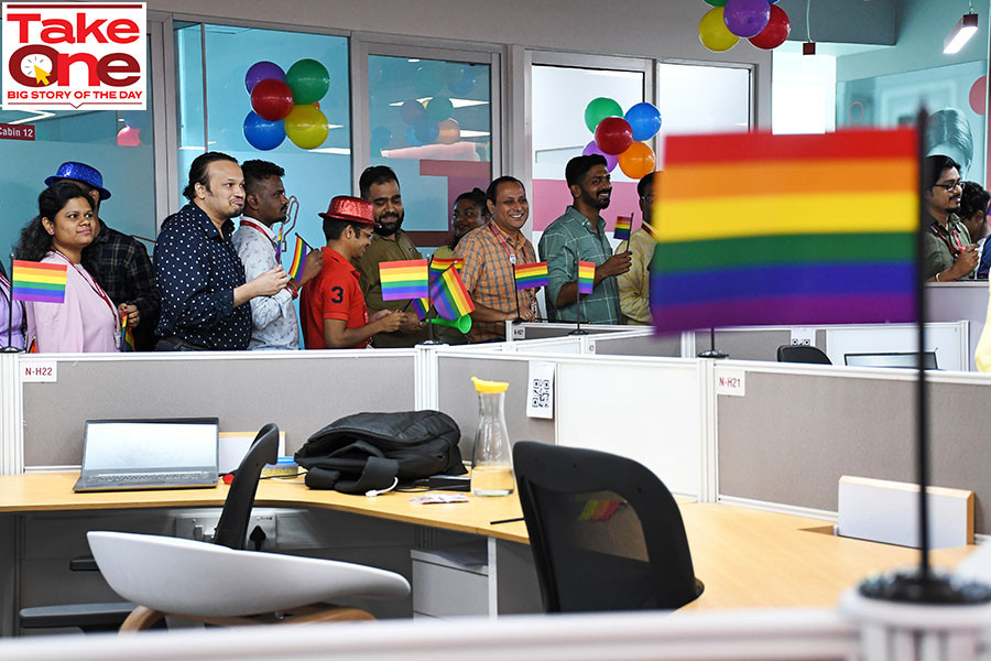 A file photo of Future Generali India Insurance staffers participating in a rainbow flag flash mob at their office, Mumbai, Maharashtra, June 17, 2022​. Image: Ashish Vaishnav/SOPA/LightRocket via Getty Images