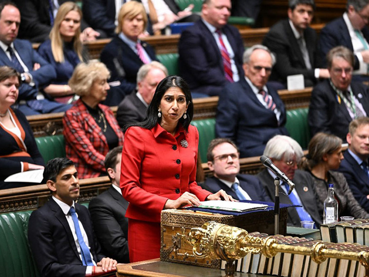 A video grab shows Britain's Home Secretary Suella Braverman presenting Government legislation aimed at curbing illegal migrant boat arrivals at the House of Commons in London on March 7, 2023. 
