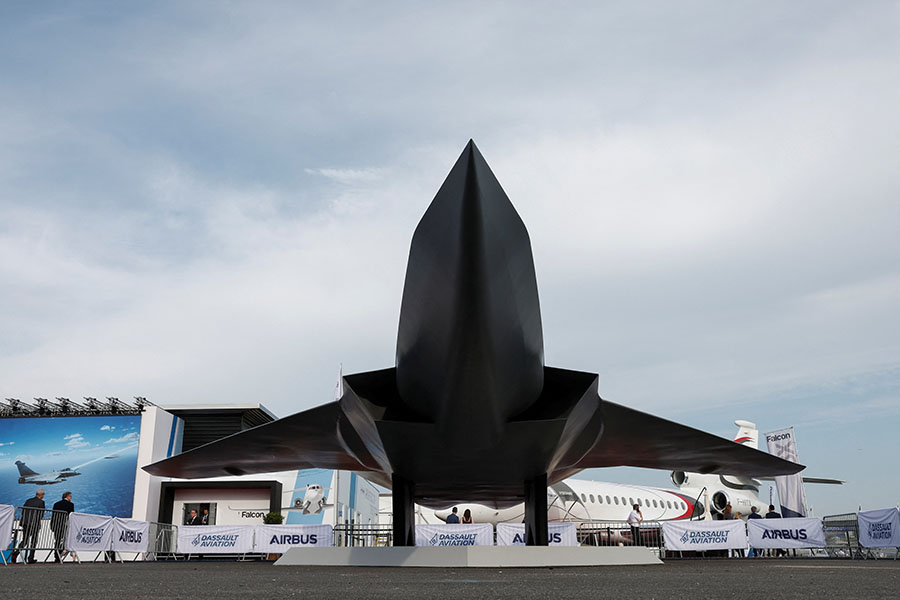 A model of a Future Combat Air System (FCAS), a European jet developed by France, Germany and Spain on display