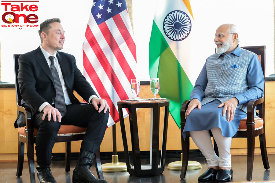 Tesla CEO Elon Musk and Prime Minister Narendra Modi during Modi's state visit to the US on June 21, 2023. Image: Courtesy Twitter