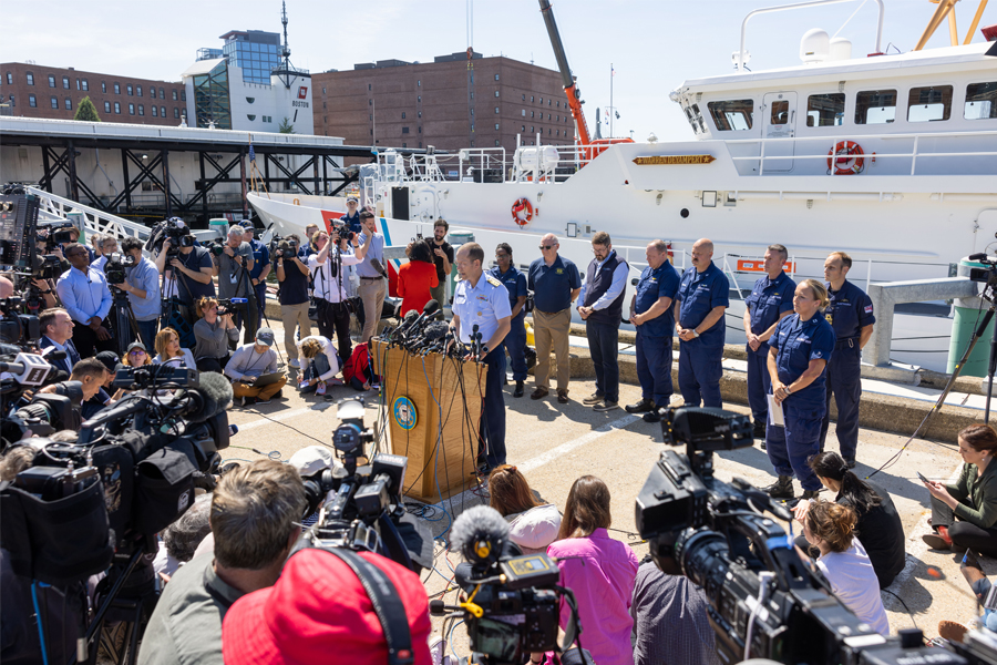 Rear Adm. John Mauger, the First Coast Guard District commander, gives an update on the search efforts for five people aboard a missing submersible approximately 900 miles off Cape Cod, on June 22, 2023 in Boston, Massachusetts. Remnants believed to be of the Titan submersible were found approximately 1,600 feet from the bow of the Titanic on the sea floor, according to the US Coast Guard, and all five occupants are believed to be dead. Image: Scott Eisen/Getty Images 