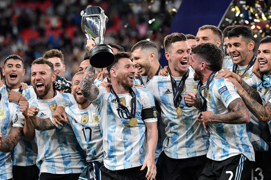 Lionel Messi and his Argentine teammates celebrate with the Finalissima trophy, thrashing Italy 3-0 in the final in London, England, June 1st, 2022.