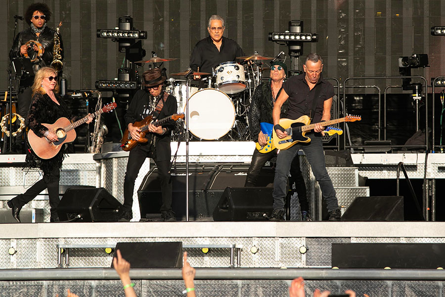 (L-R) Jake Clemons, Patti Scialfa,  Garry Tallent, Max Weinberg, Steven Van Zandt and Bruce Springsteen perform with Bruce Springsteen and The E Street at RDS Arena on May 05, 2023, in Dublin, Ireland.