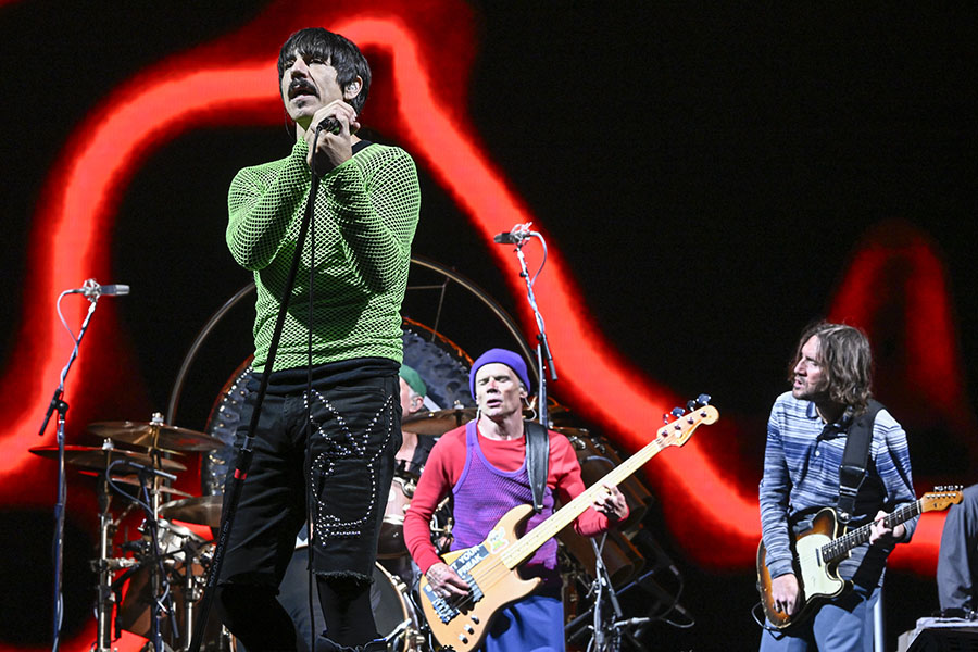 (L-R) Anthony Kiedas, Flea and John Frusciante of Red Hot Chili Peppers perform on Day 3 of BottleRock Napa Valley Music Festival at Napa Valley Expo on May 28, 2023, in Napa, California.