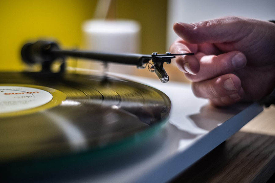 A turntable vinyl record player in a music store in Paris.
Image: Martin Bureau / AFP