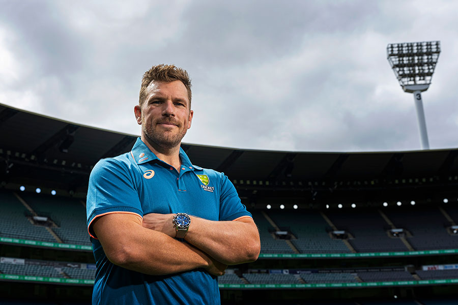 Aaron Finch poses for a photograph after announcing his retirement from international cricket during a press conference at Melbourne Cricket Ground on February 07, 2023, in Melbourne, Australia. Image: Daniel Pockett/Getty Images​

