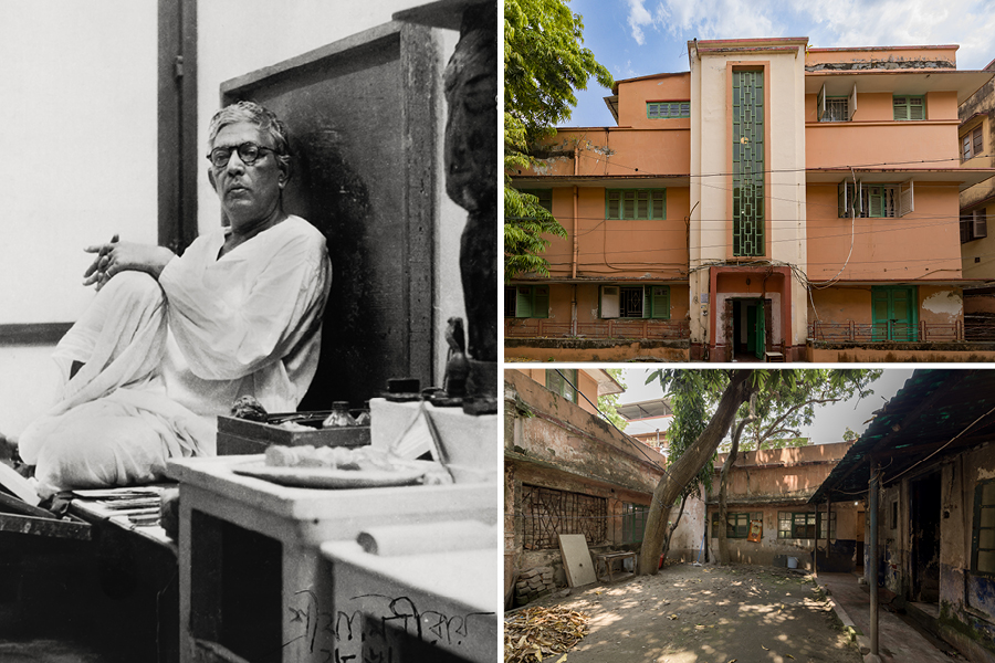Clockwise from left: Jamini Roy in his home studio. The bungalow in Ballygunge Place. The courtyard garden where Jamini would often paint. Image: Courtesy DAG 