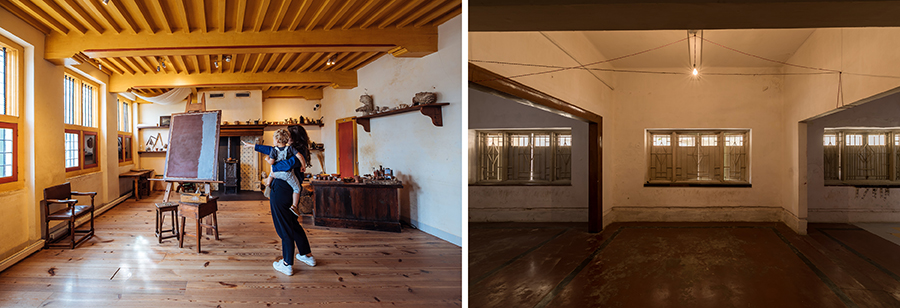 Left:  The artist Rembrandt’s house, now a museum in the centre of Amsterdam. Image: Kirsten van Santen/The Rembrandt House Museum. <br>Right: A view of Jamini Roy’s ground floor Studio. Image: Courtesy DAG