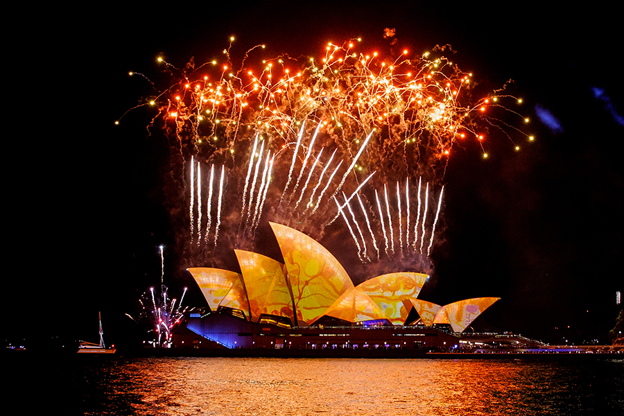 Fireworks explode as the Sydney Opera House is illuminated in Australia during Vivid Sydney 2023 on May 26, 2023. Vivid Sydney is an annual festival of light, music, and ideas. It runs from May 26 to June 17 this year. Image: Brendon Thorne/Getty Images