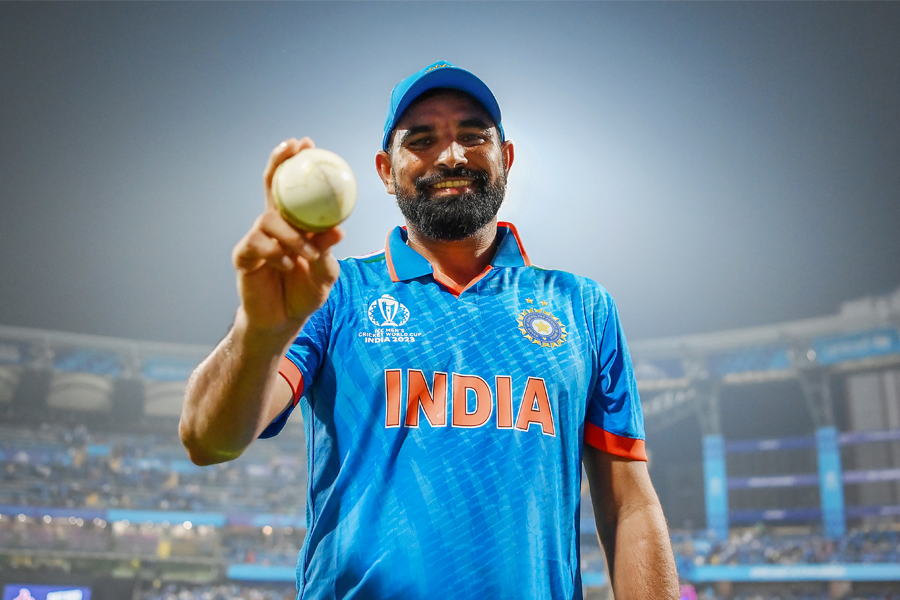Mohammed Shami of India poses after taking five wickets following the ICC Men's Cricket World Cup India 2023 between India and Sri Lanka at Wankhede Stadium on November 02, 2023 in Mumbai, India.
Image: Alex Davidson-ICC/ICC via Getty Images 