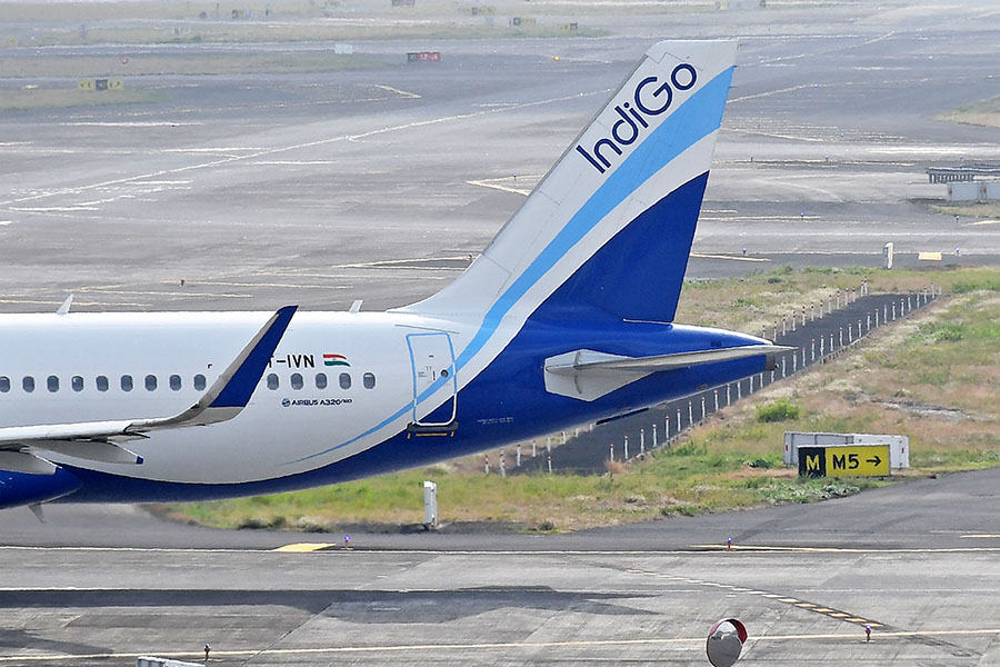 (File) Indigo aeroplane's tail seen at the airport in Mumbai. Image: Ashish Vaishnav/SOPA Images/LightRocket via Getty Images