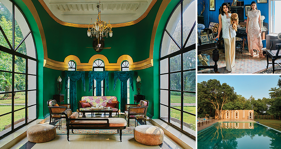 (Clockwise from left) The Belgadia Palace has 10 living areas, apart from 15 bedrooms as part of the homestay;  Akshita and
Mrinalika Bhanjdeo; the swimming pool
Image: Courtesy The Belgadia