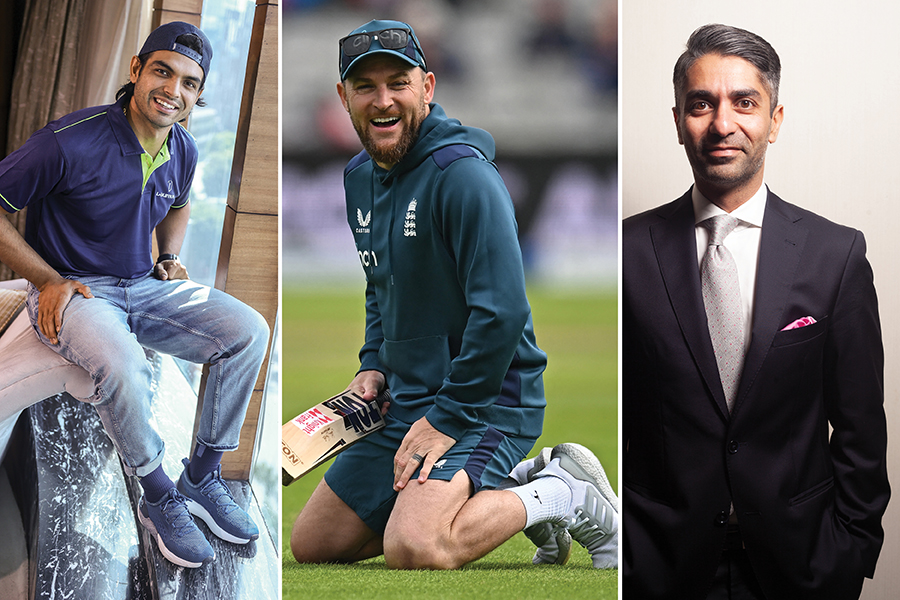 (From left) Neeraj Chopra, Olympic and world champion, England Test batting coach Brendon McCullum and Abhinav Bindra, India’s first ever individual Olympic gold medallist