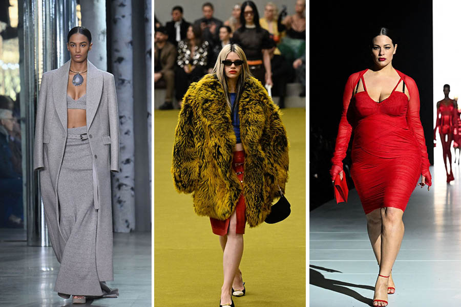 Gray, yellow and red are among the essential colors of the winter season, as seen at the Michael Kors, Gucci and Dolce & Gabbana autumn-winter 2023 shows. Image: Angela Weiss/Miguel Medina/AFP 
