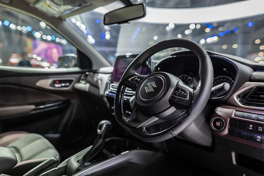 The steering wheel of a Maruti Suzuki India Ltd. Fronx sport utility vehicle displayed at the India Auto Expo 2023 in Noida, Uttar Pradesh, India, on Friday, Jan. 13, 2023. Image: Anindito Mukherjee/Bloomberg