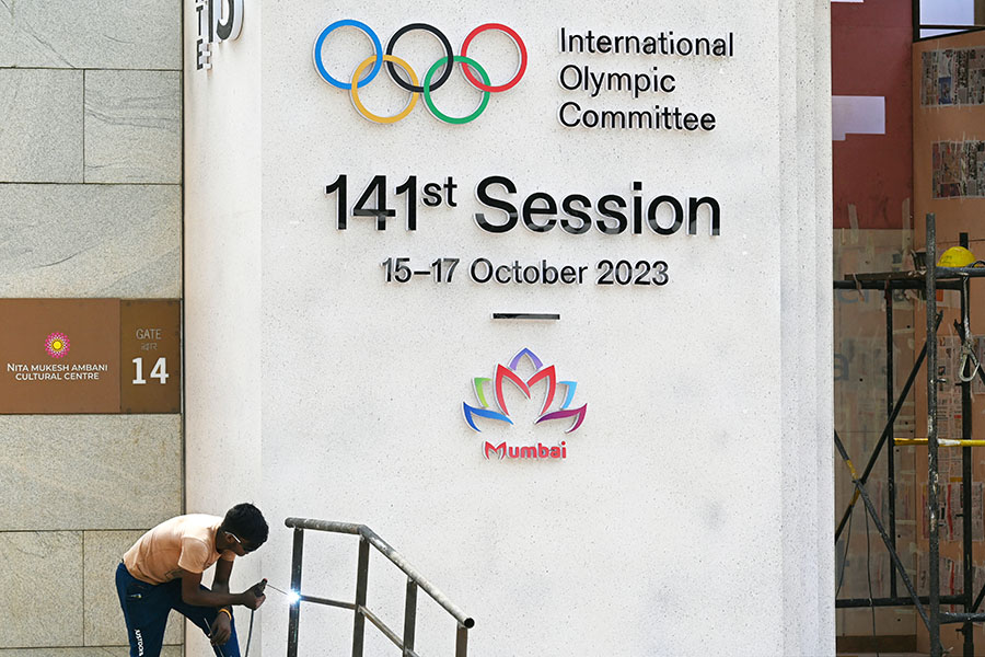 The venue being prepped for the upcoming 141st International Olympic Committee (IOC) session in Mumbai beginning October 15. Image: Indranil Mukherjee / AFP 