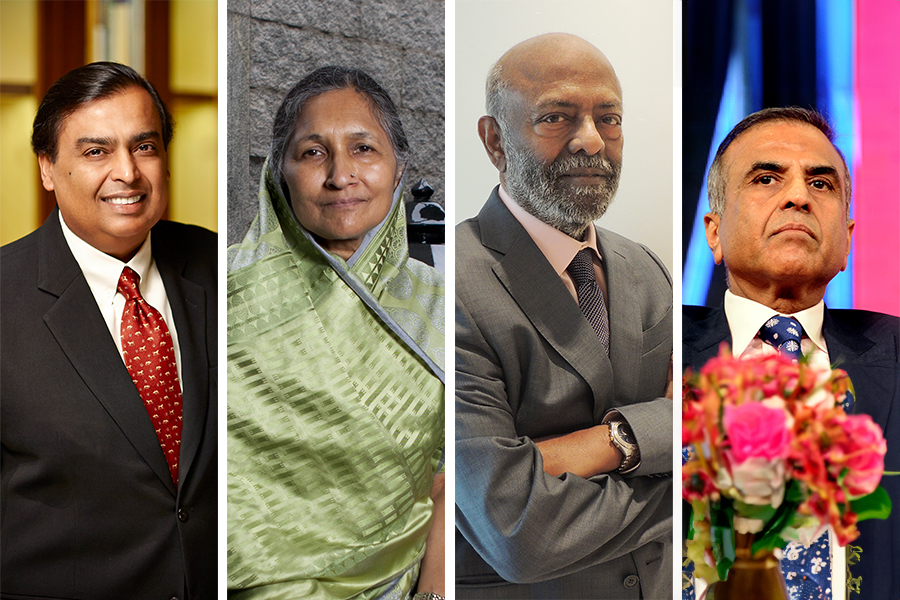 (from left) Indian billionaires Mukesh Ambani, Savitri Jindal, Shiv Nadar and Sunil Mittal