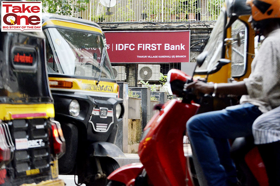 IDFC First Bank catapulted into India's top 10 most valued bank category by market capitalisation on Tuesday, breaching the Rs100-mark for the first time ever.
Image: Indranil Aditya/NurPhoto via Getty Images