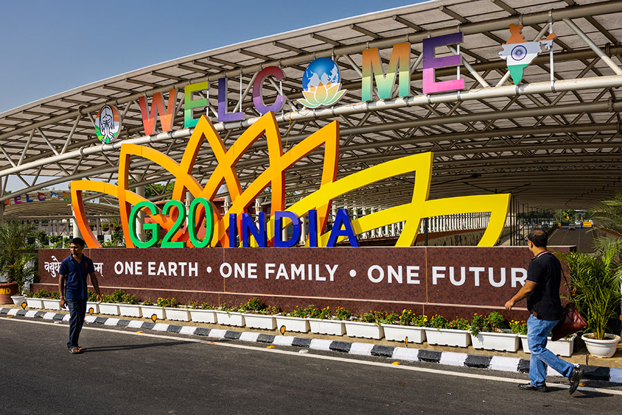 G20 signage welcomes foreign and national visitors on September 05, 2023 in Delhi, India. The 18th G20 Summit will take place September 9 - 10, 2023. (Photo by Elke Scholiers/Getty Images)